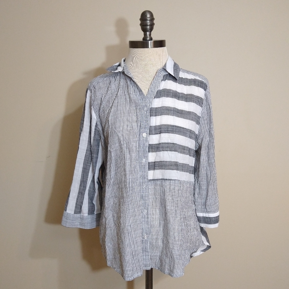 Chico Cotton Gray and White Striped Shirt Small